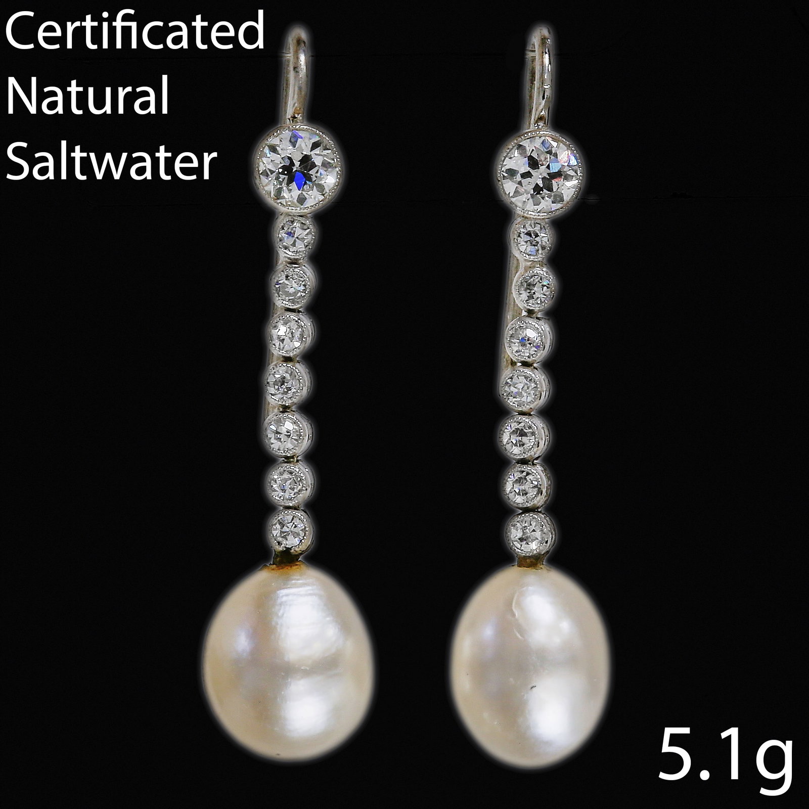 PAIR OF CERTIFICATED NATURAL SALTWATER PEARL AND DIAMOND EARRINGS: PAIR OF CERTIFICATED NATURAL SALTWATER PEARL AND DIAMOND EARRINGS,5.1 grams, testing high carat gold.Each line of diamonds suspending a fine pearl of approx. 10.37 x 8.57 x 8.08 and 10.21 x 8.69 x