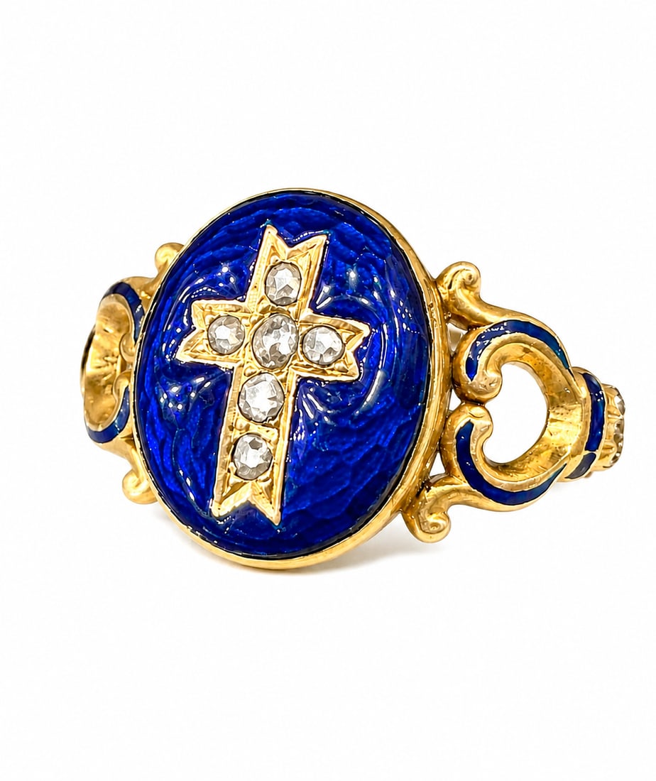 UNUSUAL ANTIQUE ENAMEL AND DIAMOND POISON RING: UNUSUAL ANTIQUE ENAMEL AND DIAMOND POISON RING,testing high carat gold.Bright and lively diamonds in the shape of a cross.Surrounded with blue enamel.Size L.