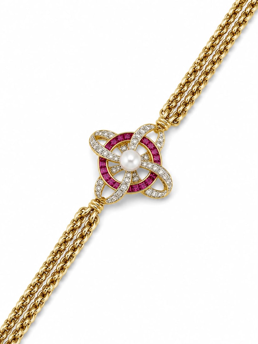 EDWARDIAN RUBY, DIAMOND AND PEARL BRACELET: EDWARDIAN RUBY, DIAMOND AND PEARL BRACELET,13,5 grams, testing 18 ct. gold.Rich and vibrant rubies.Diamonds bright and lively.Pearl untested.L. 19 cm.