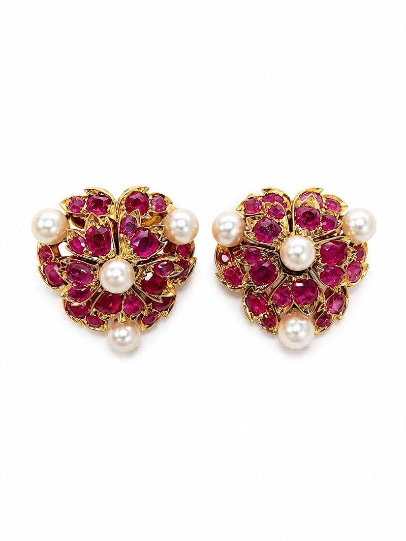 PAIR OF ANTIQUE RUBY AND PEARL CLUSTER EARRINGS (1 of 1)