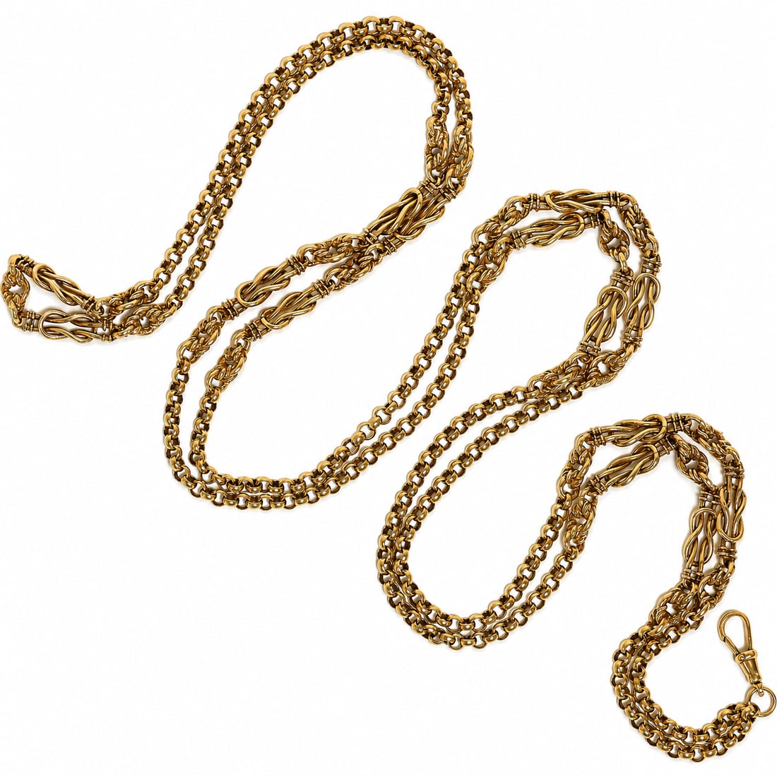 GOLD GUARD CHAIN: GOLD GUARD CHAIN, 92.4 grams, 9 ct. gold.L. 152 cm.