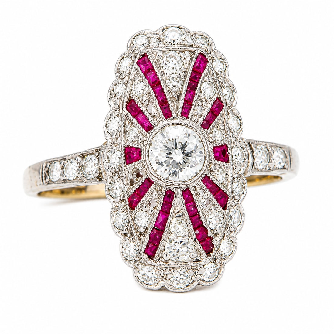 ART DECO RUBY AND DIAMOND RING: ART DECO RUBY AND DIAMOND RING 3.2 grams high carat gold and platinum bright lively old cut diamonds vibrant rubies size N
