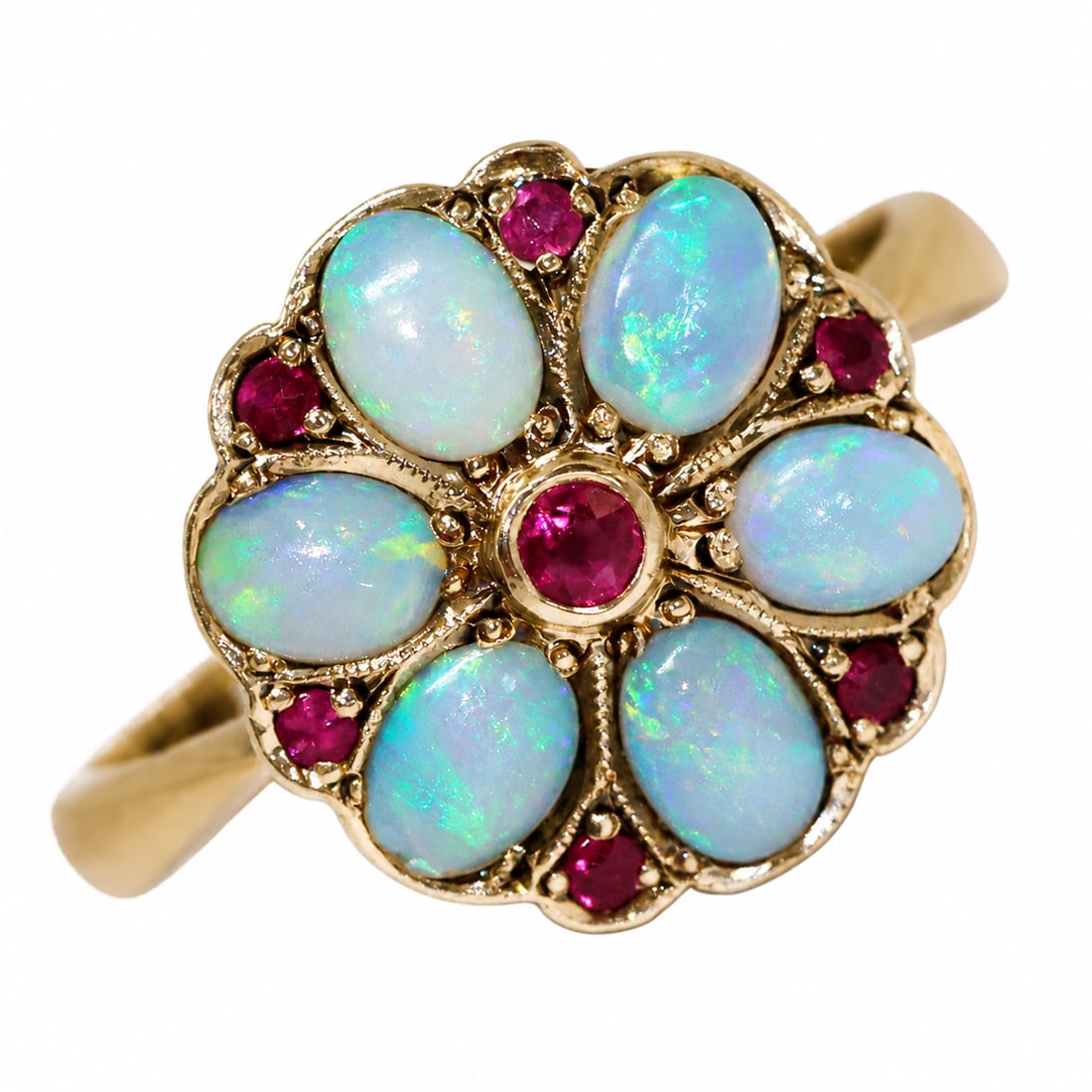 OPAL AND RUBY GOLD CLUSTER RING: OPAL AND RUBY GOLD CLUSTER RING,Vibrant opals with good play of colour.Rich and vibrant rubies.Size M 1/2.