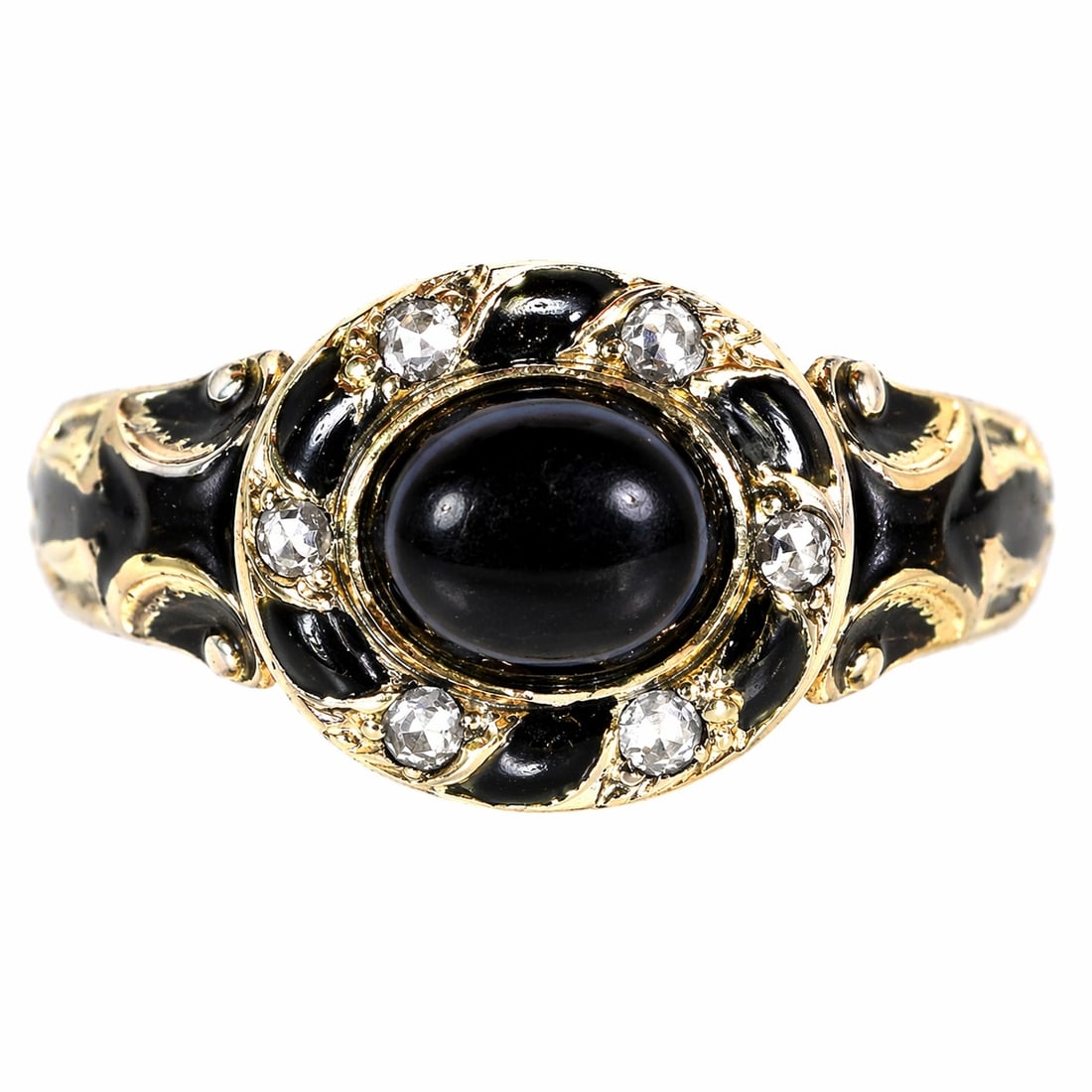 VICTORIAN BANDED AGATE, ENAMEL AND DIAMOND RING: VICTORIAN BANDED AGATE, ENAMEL AND DIAMOND RING,3.2 grams, testing high carat gold.Lovely cabochon cut banded agate.Further decorated with enamel and diamonds.Size L.