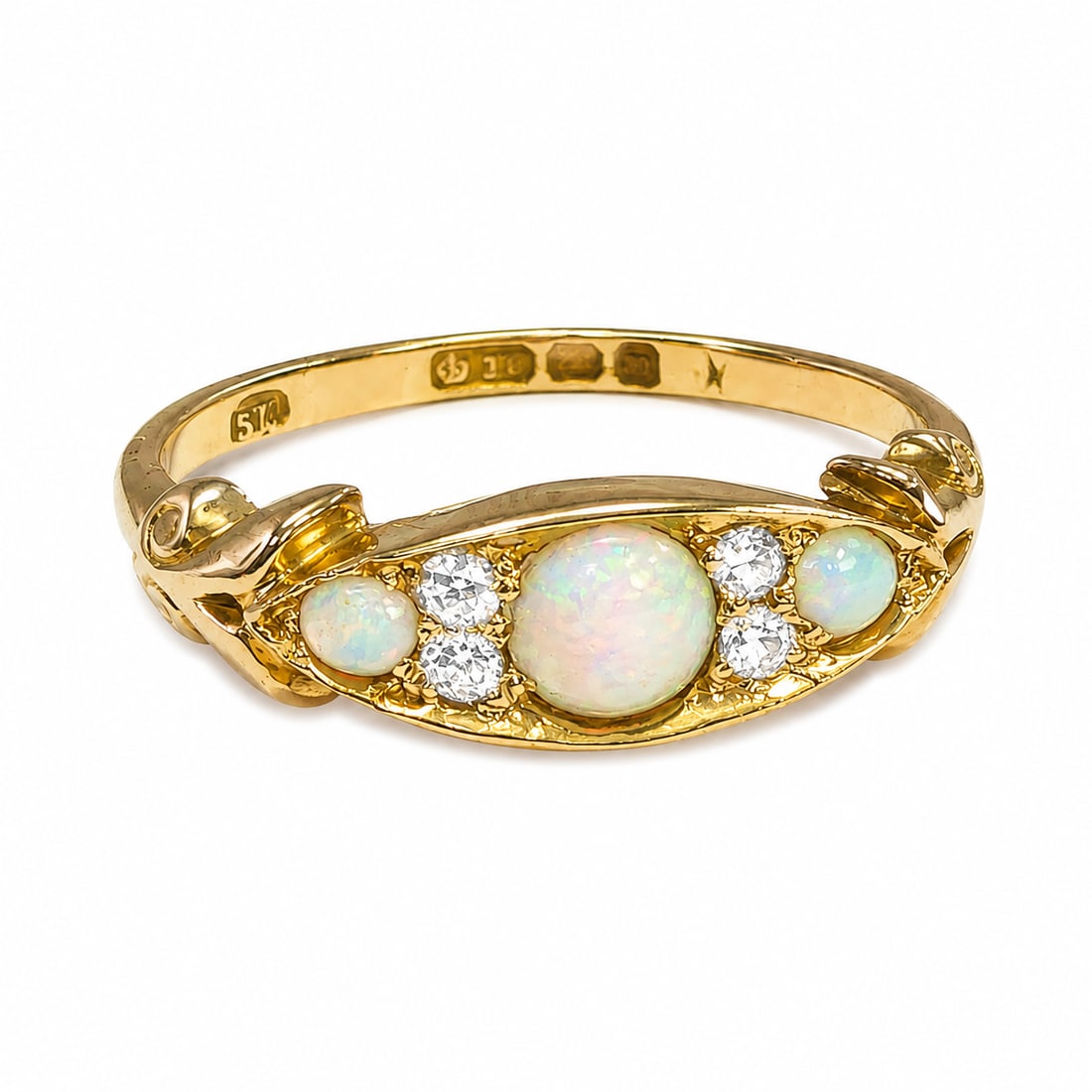 OPAL AND DIAMOND RING: OPAL AND DIAMOND RING,3,5 grams, 18 ct. gold.Rich and vibrant opals with good play of colour.Diamonds bright and lively.Size O 1/2