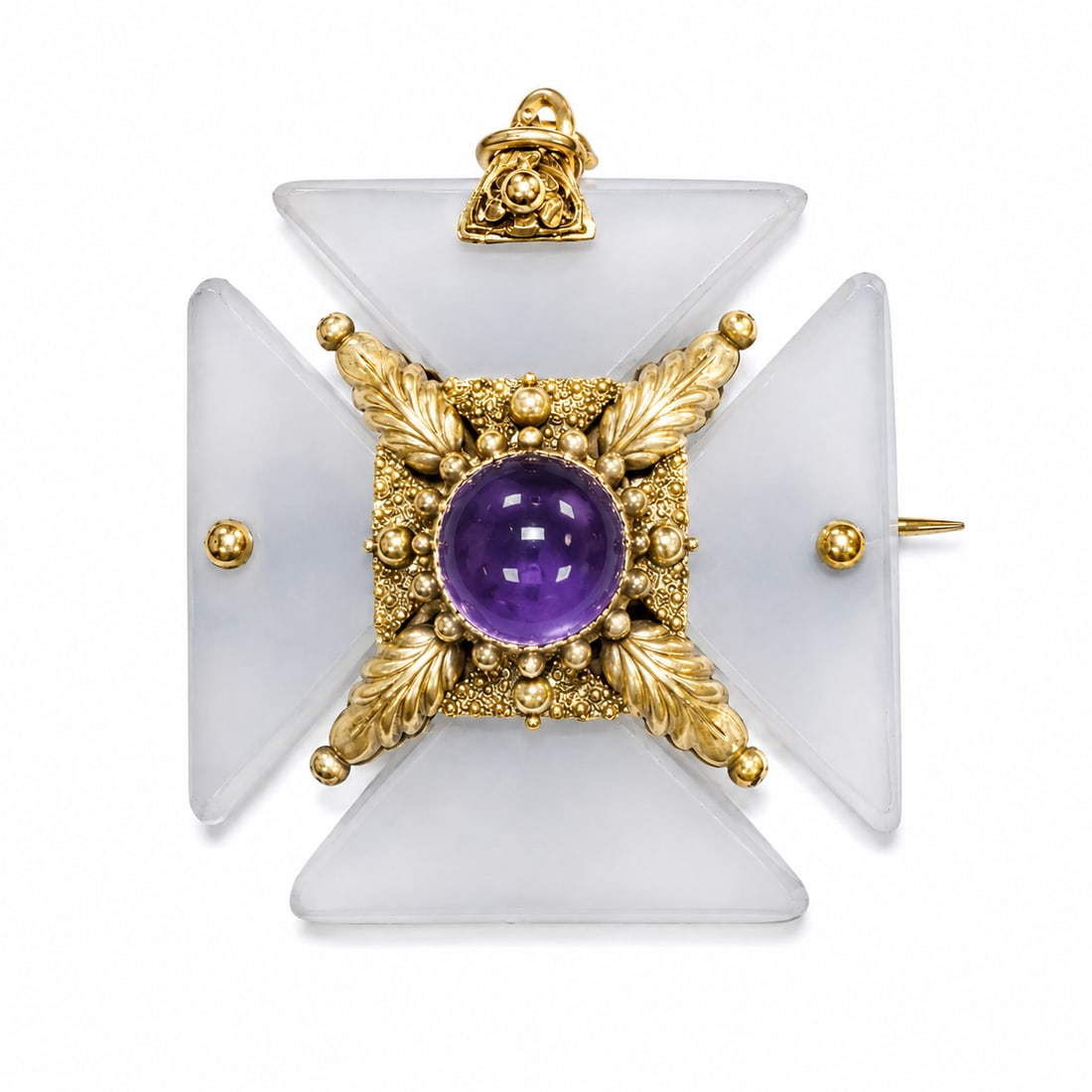VICTORIAN ROCK CRYSTAL AND AMETHYST MALTESE CROSS PENDANT: VICTORIAN ROCK CRYSTAL AND AMETHYST MALTESE CROSS PENDANT,18.2 grams, testing 15 ct. gold.Lovely cabochon cut amethyst.Locket back.W. 1.9 cm.