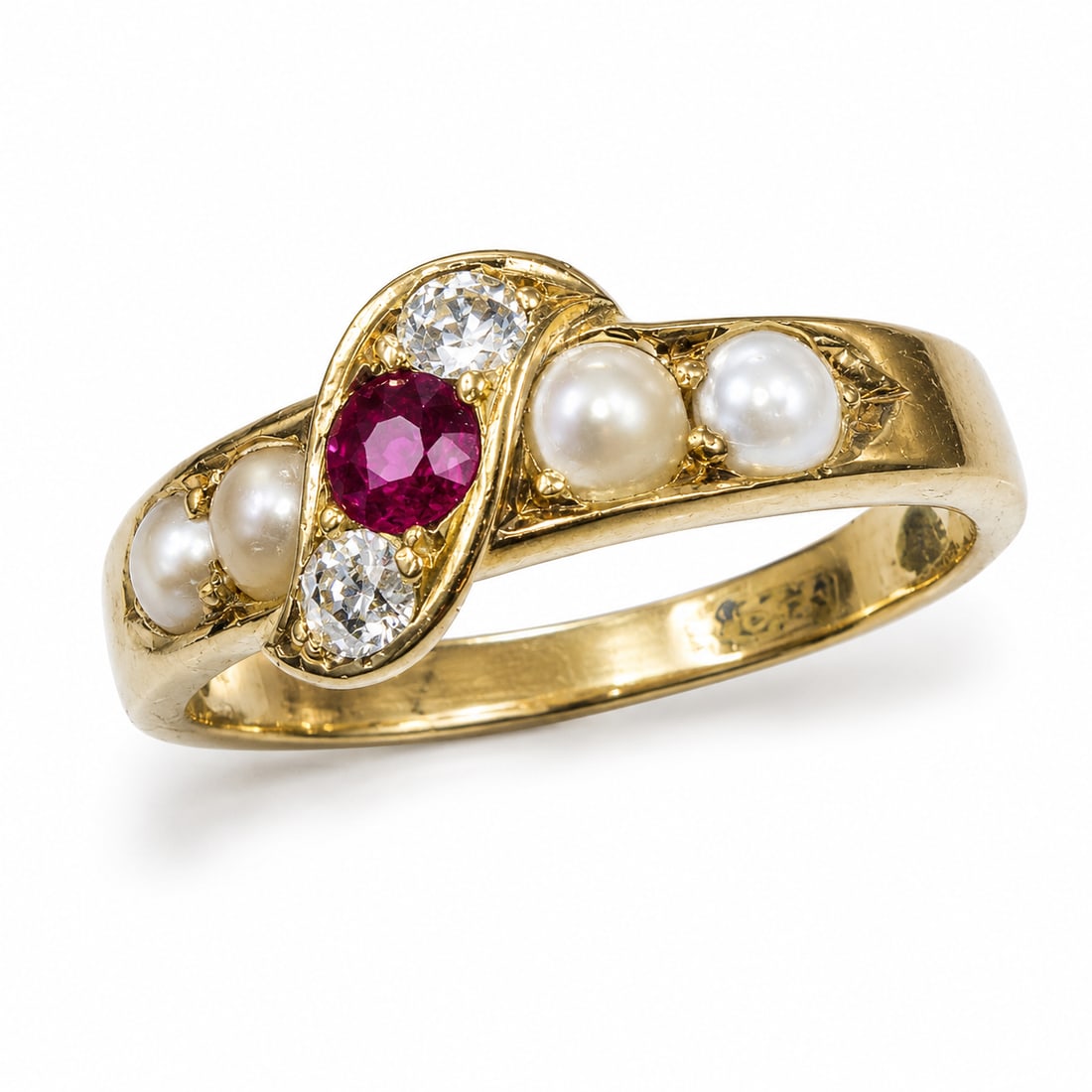 RUBY PEARL AND DIAMOND RING: RUBY PEARL AND DIAMOND RING,4,5 grams, testing 18 ct. gold.Vibrant ruby.Diamonds bright and lively.Lovely pearls, (untested).Size L.