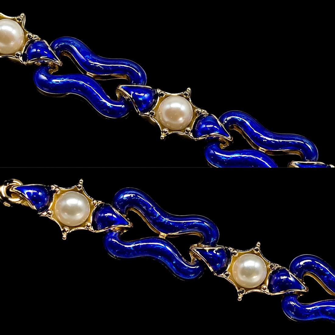 ANTIQUE ENAMEL AND PEARL BRACELET: ANTIQUE ENAMEL AND PEARL BRACELET,23.6 grams, testing high carat gold.The links with fine blue enamel (in good condition).Alternated with pearl and diamond star sections.(pearls untested, believed to