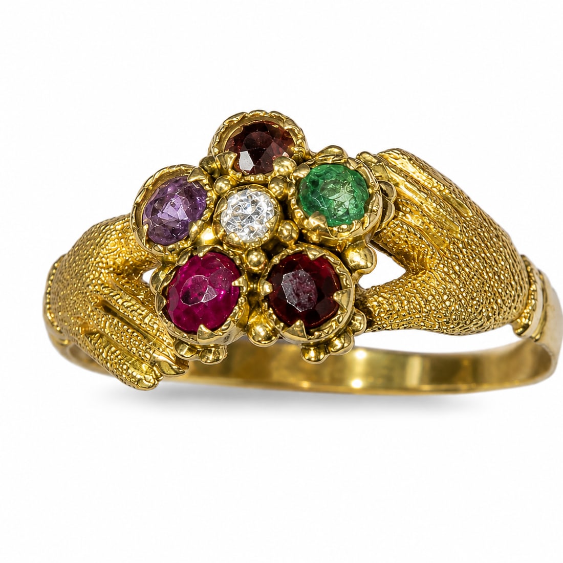 GEORGIAN GEM SET FLORAL REGARD FEDE RING: GEORGIAN GEM SET FLORAL REGARD FEDE RING high carat gold bright lively gems in great condition size N