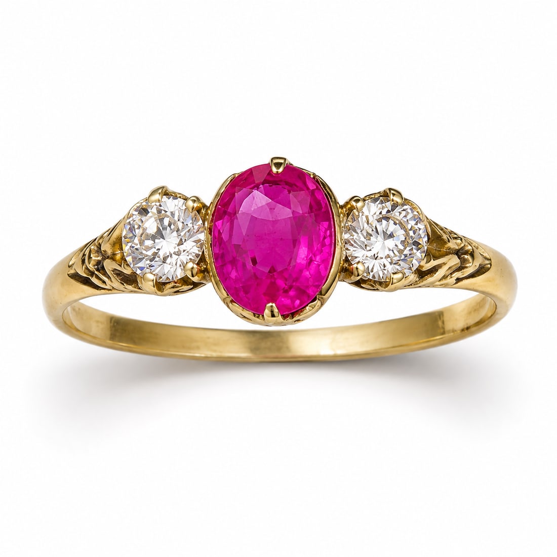 PINK SAPPHIRE AND DIAMOND 3-STONE RING: PINK SAPPHIRE AND DIAMOND 3-STONE RING,testing 18 ct. gold.Rich and vibrant pink sapphire of approx. 1.03 ct.Diamonds bright and lively.Size N 1/2