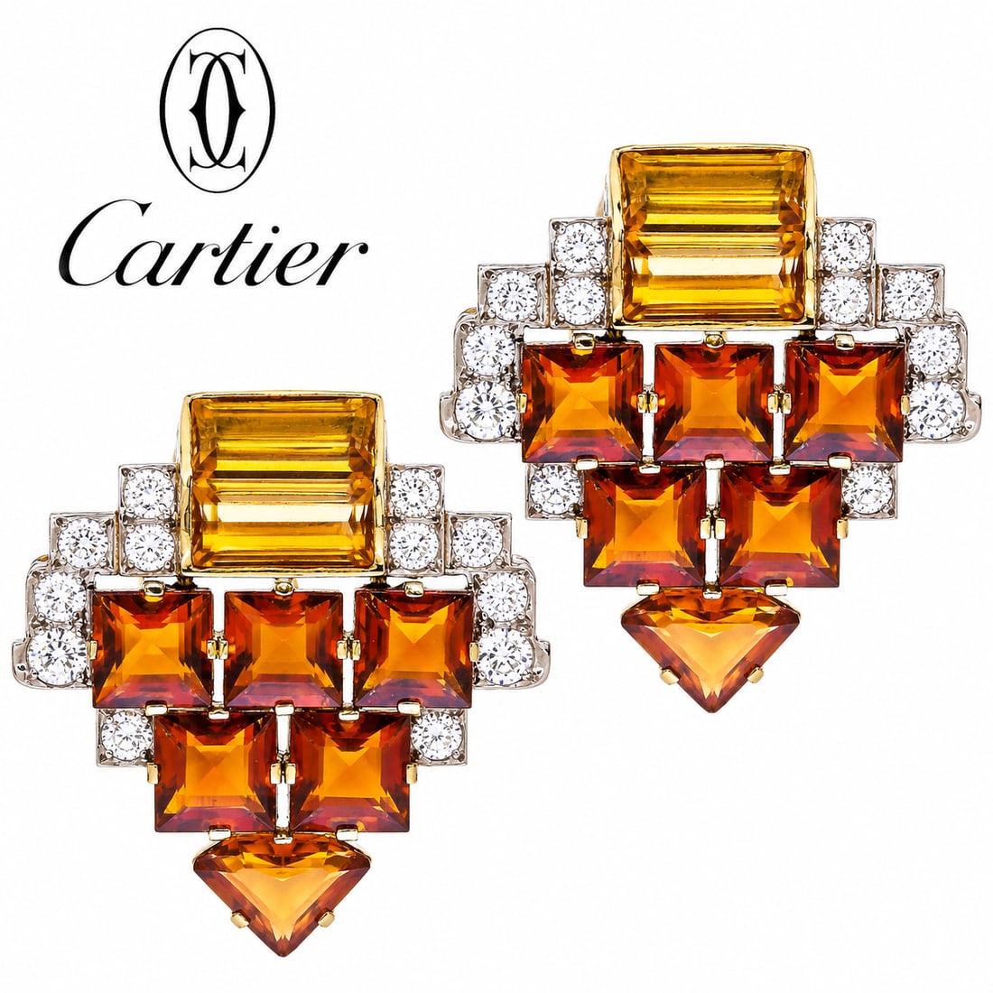 CARTIER LONDON, PAIR OF RETRO CITRINE AND DIAMOND CLIP BROOCHES (1 of 2)