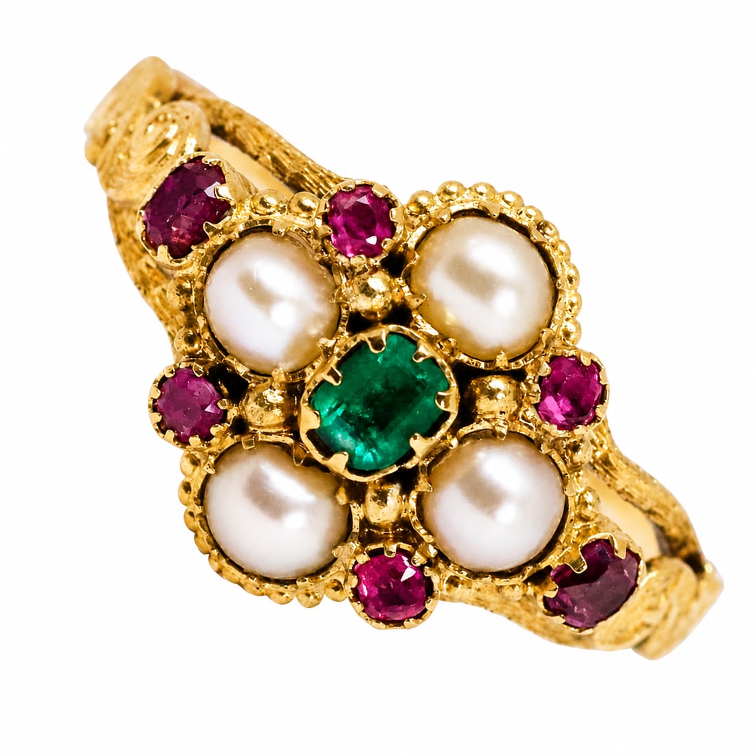 GEORGIAN EMERALD RUBY AND PEARL CLUSTER RING: GEORGIAN EMERALD RUBY AND PEARL CLUSTER RING,15 ct. gold.Lovely emeralds and rubies.Pearls generally well matched, assumed to be natural.Locket back.Size Q 1/2.