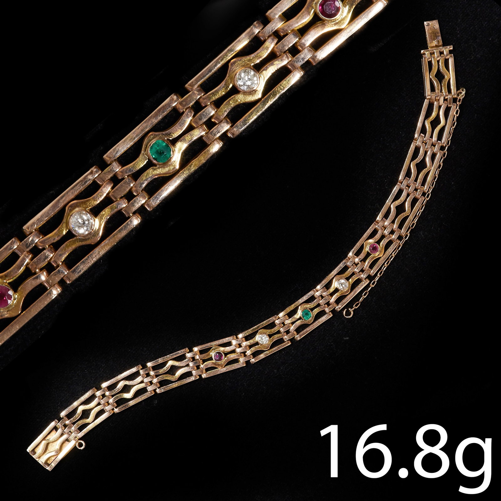 VINTAGE DIAMOND, RUBY AND EMERALD GATE LINK BRACELET (1 of 1)