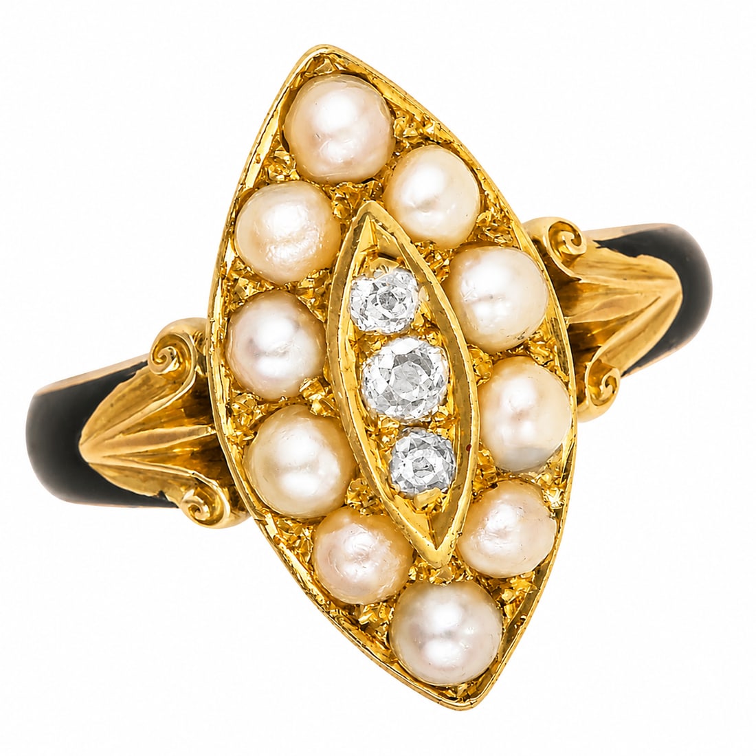 VICTORIAN PEARL ENAMEL AND DIAMOND NAVETTE MOURNING RING: VICTORIAN PEARL ENAMEL AND DIAMOND NAVETTE MOURNING RING6 grams, stamped 18 ct gold.Bright and lively old cut diamonds. Pearls untested, assumed to be natural. Enamel in good condition. Size N1/2.