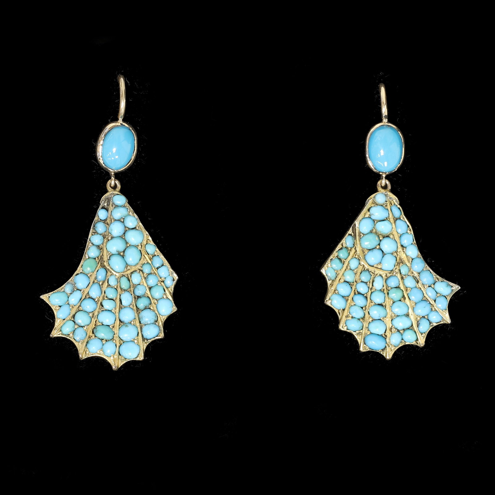 PAIR OF VICTORIAN TURQUOISE DROP EARRINGS: PAIR OF VICTORIAN TURQUOISE DROP EARRINGS,8.4 grams, testing high carat gold.Rich and vibrant turquoise.L. 4.3 cm.
