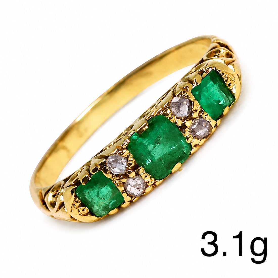 EMERALD AND DIAMOND RING: EMERALD AND DIAMOND RING,3,1 grams, testing high carat gold.Rich and vibrant emeralds.Diamonds bright and lively.Size N 1/2.