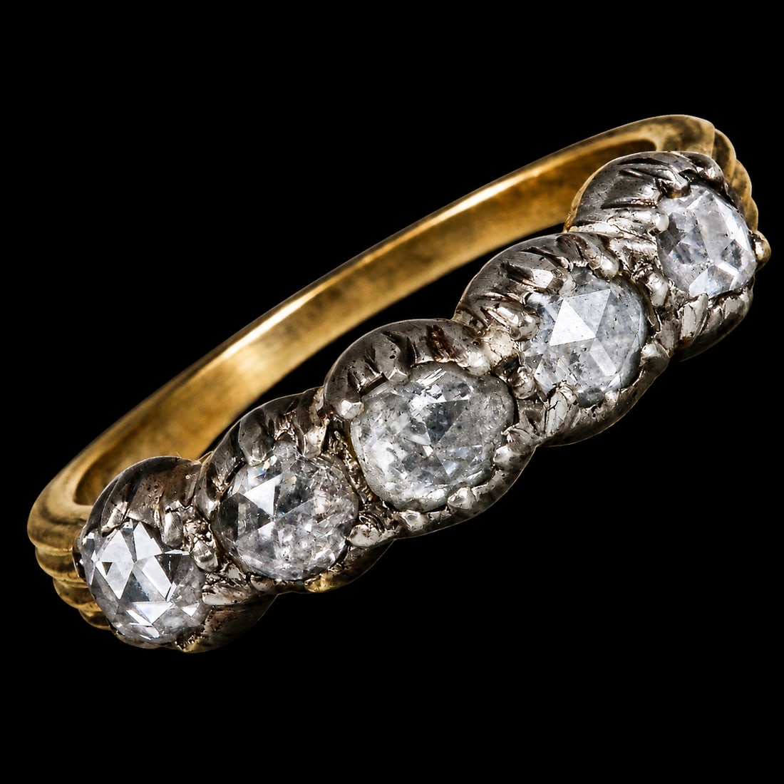 ANTIQUE 5-STONE DIAMOND RING: ANTIQUE 5-STONE DIAMOND RING,4,1 grams, testing high carat gold and silver.Lovely rose cut diamonds.Size N.