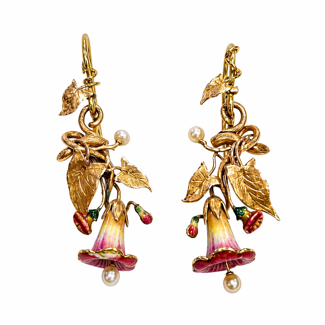 LOVELY AND UNUSUAL PAIR OF VICTORIAN ENAMEL FLORAL EARRINGS: LOVELY AND UNUSUAL PAIR OF VICTORIAN ENAMEL FLORAL EARRINGS,4,3 grams, testing high carat gold.The floral drop with fine multi colour enamel, suspending a pearl drop to the centre.L. 3.8 cm.