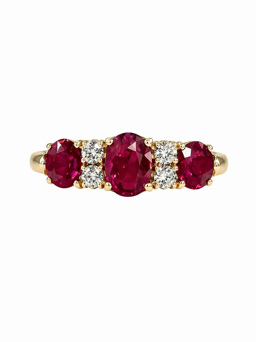 RUBY AND DIAMOND 3-STONE DIAMOND: RUBY AND DIAMOND 3-STONE DIAMOND,18 ct. gold.Rich and vibrant rubies, totalling approx. 0.95 ct.Size P.