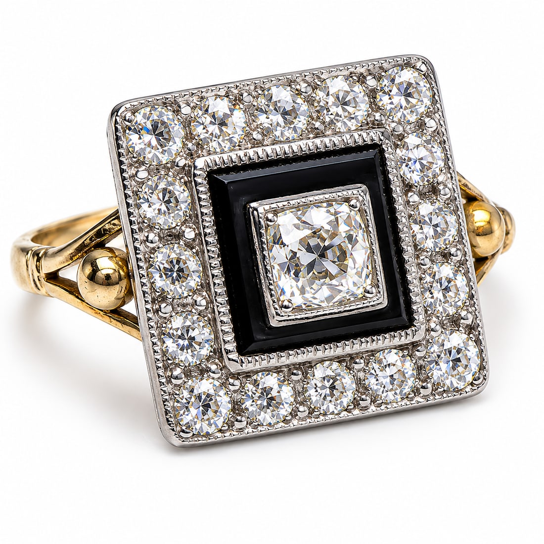 ART-DECO ONYX AND DIAMOND CLUSTER RING: ART-DECO ONYX AND DIAMOND CLUSTER RING,4,8 grams, testing high carat gold.Bright and lively old cut diamonds, with a larger diamond in the centre.On a carved onyx background.Size N 1/2.