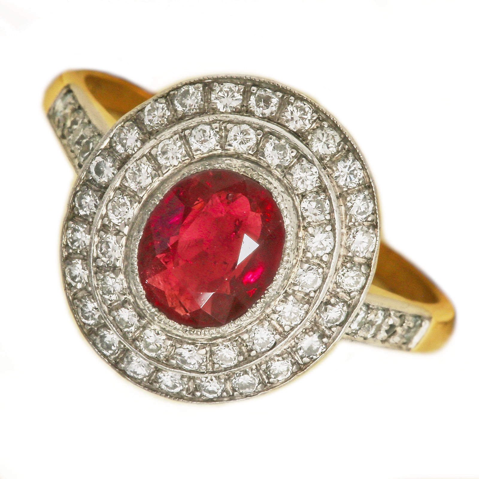 RUBY AND DIAMOND CLUSTER RING: RUBY AND DIAMOND CLUSTER RING,3,5 grams, 18 ct. gold.Vibrant ruby of approx. 1.11 ct.Diamonds bright and lively, totalling approx. 1 ct.Size N 1/2