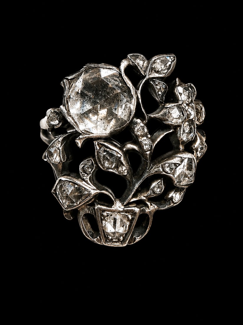 ANTIQUE DIAMOND GIARDINETTO RING: ANTIQUE DIAMOND GIARDINETTO RING,4,3 grams.Bright and lively diamonds with and larger rose cut diamond.Fine workmanship.L. head 2.2 cm.Size N 1/2.