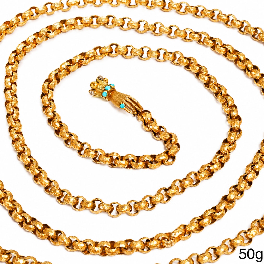 LOVELY GEORGIAN BELCHER LINK GUARD CHAIN NECKLACE WITH HAND CLASP: LOVELY GEORGIAN BELCHER LINK GUARD CHAIN NECKLACE WITH HAND CLASP,50 grams, testing high carat gold.The links with fine relief decoration including stars.The hand clasp set with turquoise.L. 126 cm.