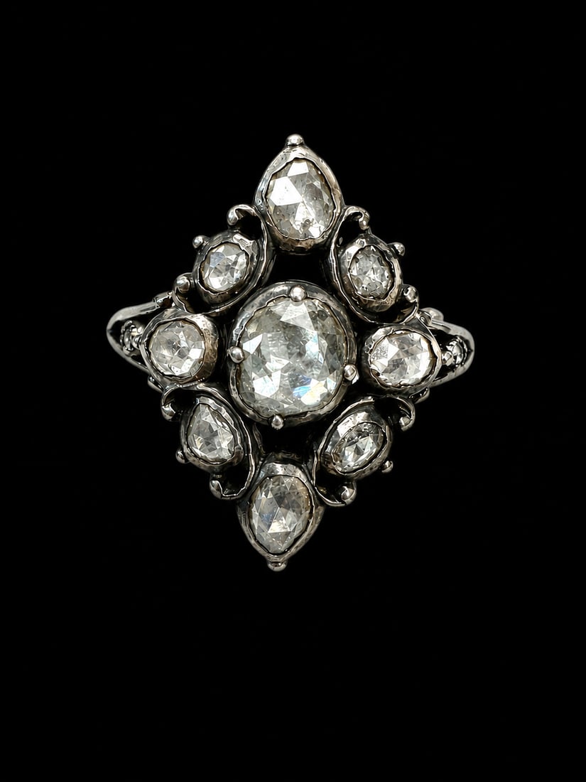GEORGIAN DIAMOND CLUSTER RING: GEORGIAN DIAMOND CLUSTER RING,5,1 grams, testing high carat gold and silver.Bright and lively rose cut diamonds.Size L.