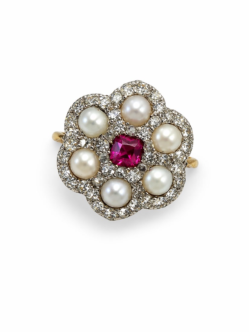 FINE EDWARDIAN RUBY PEARL AND DIAMOND CLUSTER RING (1 of 1)