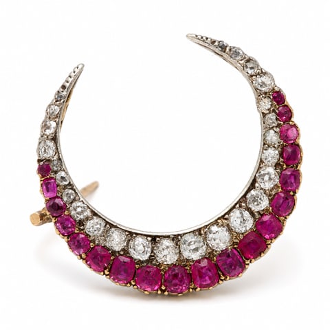 ANTIQUE RUBY AND DIAMOND CRESCENT BROOCH: ANTIQUE RUBY AND DIAMOND CRESCENT BROOCH,4 grams, testing high carat gold.Rich and vibrant rubies.Diamonds bright and lively.W. 2.5 cm.