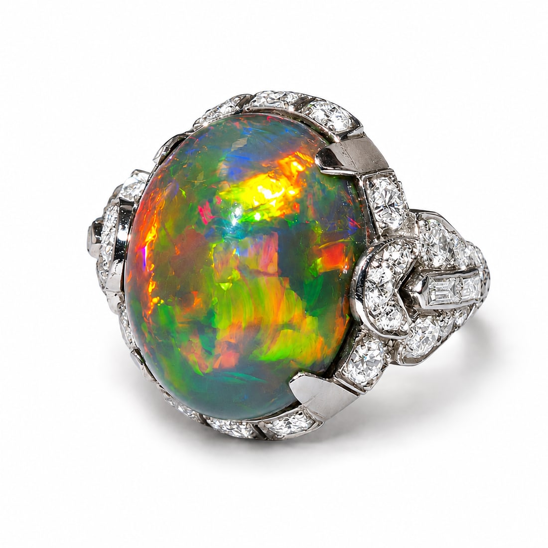 EXCEPTIONAL BLACK OPAL AND DIAMOND CLUSTER RING: EXCEPTIONAL BLACK OPAL AND DIAMOND CLUSTER RING,8.2 grams, platinum.Fantastic black opal of approx. 7.65 ct.Outstanding play of colour, including vibrant red.Diamonds bright and lively, totalling
