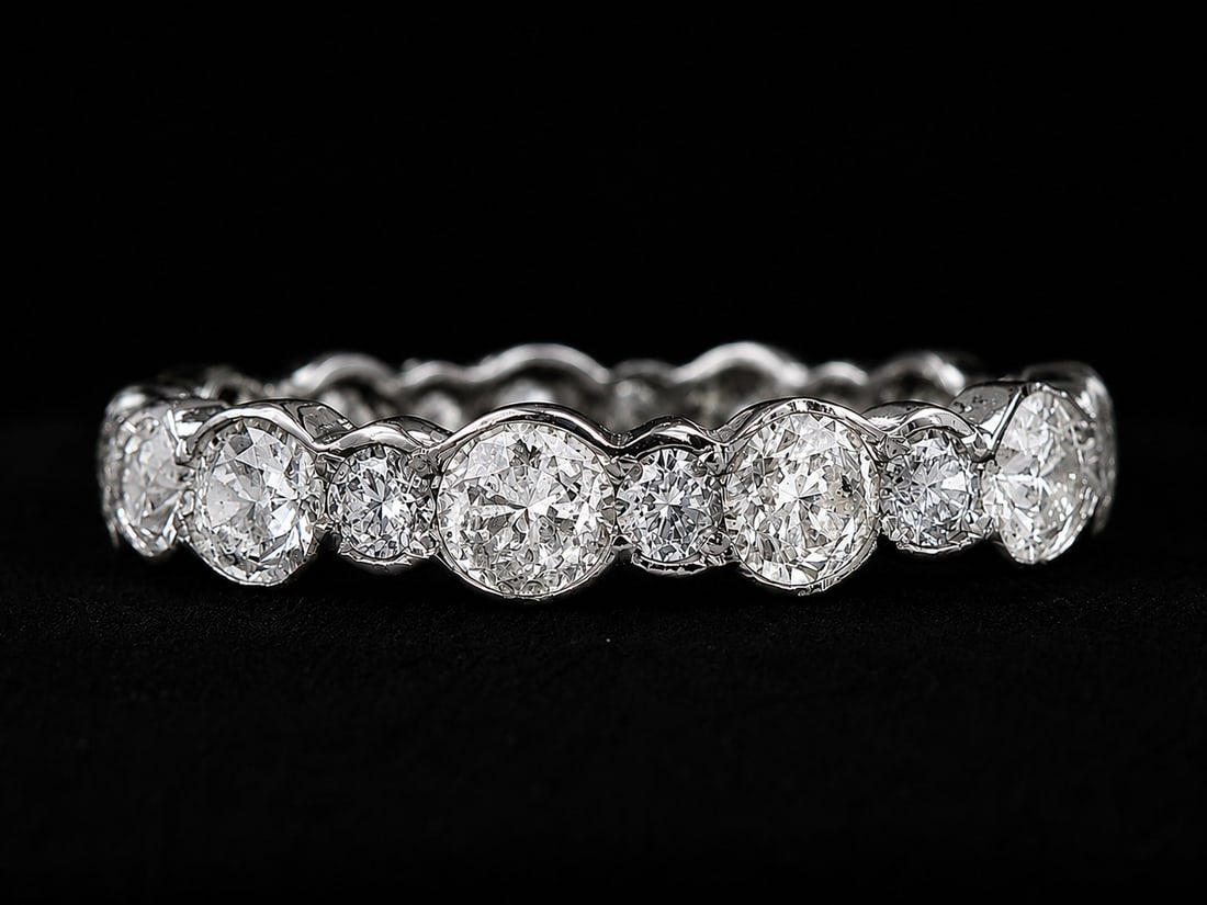 DIAMOND ETERNITY RING: DIAMOND ETERNITY RING,3.7 grams, testing high carat gold.Diamonds bright and lively, totalling approx. 1.20 ct.Size N.