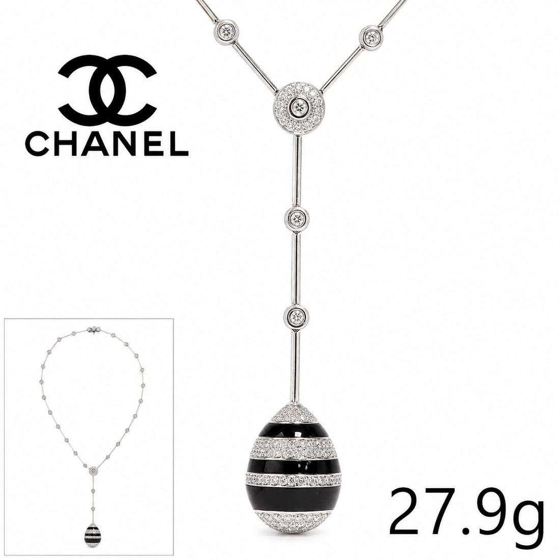 CHANEL, ONYX AND DIAMOND PENDANT NECKLACE: CHANEL, ONYX AND DIAMOND PENDANT NECKLACE,27.9 grams, 18 ct. gold.Suspending a fine shaped diamond and onyx drop.Signed Chanel and numbered 605.Indistinct makers mark on the tongue clasp.L. 36.5 cm.Fo
