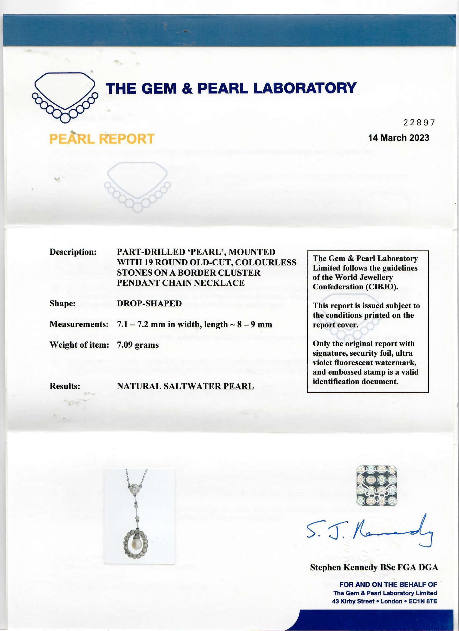 CERTIFICATED EDWARDIAN DIAMOND AND NATURAL SALTWATER PENDANT NECKLACE: CERTIFICATED EDWARDIAN DIAMOND AND NATURAL SALTWATER PENDANT NECKLACE 7.1 grams platinum and gold natural saltwater pearl bright lively diamonds appox 2.35 ct fitted box fine craftsmanship for certifi