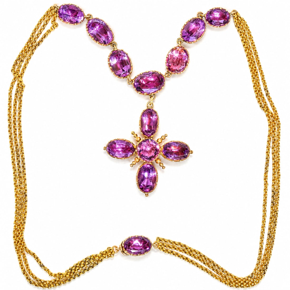 FINE VICTORIAN AMETHYST AND GOLD CROSS PENDANT NECKLACE: FINE VICTORIAN AMETHYST AND GOLD CROSS PENDANT NECKLACE 20.7 grams rich vibrant amethysts fine craftsmanship Drop L 3.8 cm.chain L 40.5 cm.