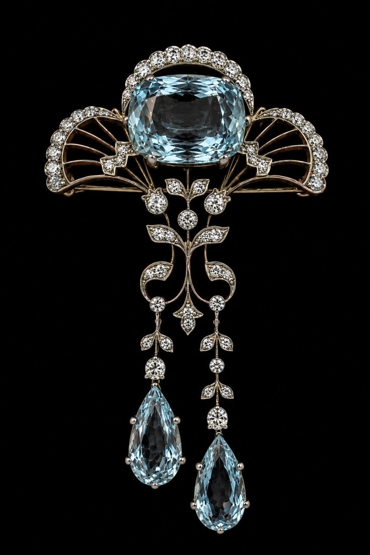 BELLE EPOQUE AQUAMARINE AND DIAMOND BROOCH/PENDANT: BELLE EPOQUE AQUAMARINE AND DIAMOND BROOCH/PENDANT,19.4 grams, testing high carat gold and silver.Right and vibrant aquamarines, totalling approx. 19.50 ct.Diamonds bright and lively.L. 7.8 cm.