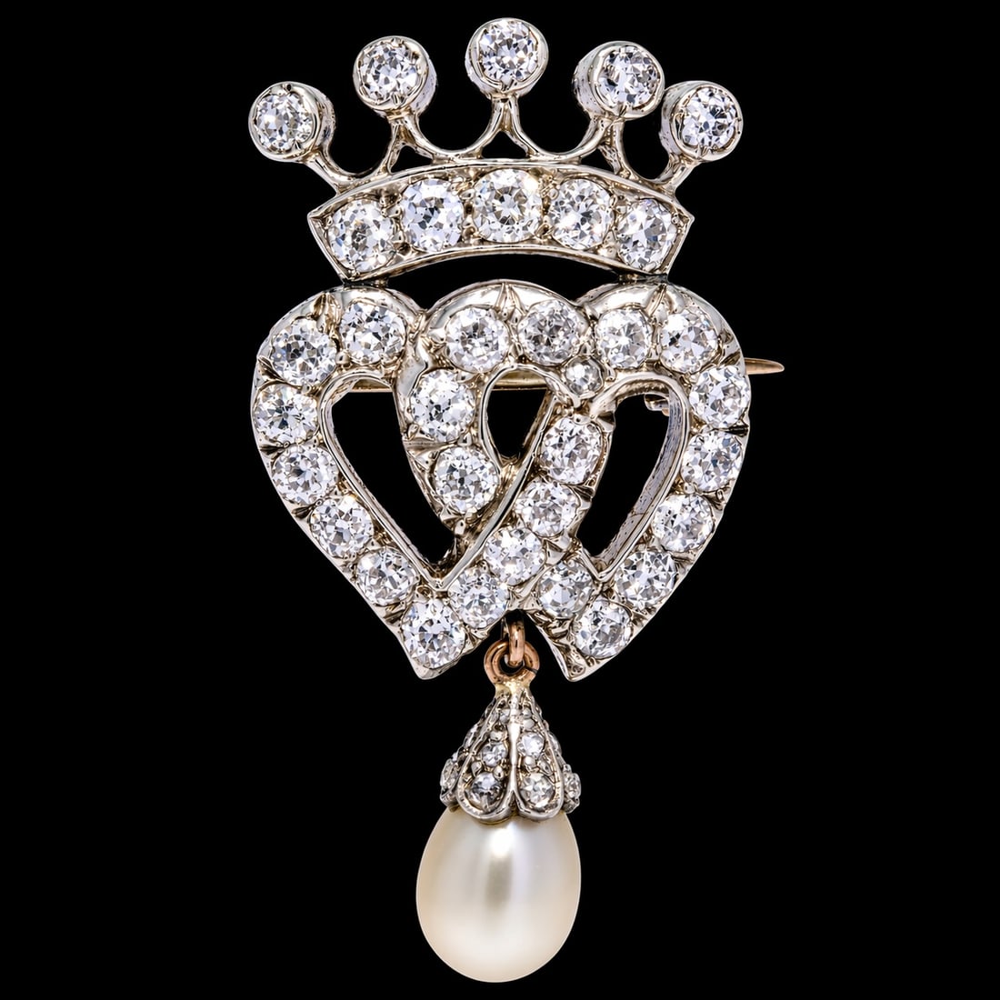 ANTIQUE DIAMOND AND PEARL CROWNED DOUBLE HEART BROOCH: ANTIQUE DIAMOND AND PEARL CROWNED DOUBLE HEART BROOCH,5,2 grams, testing high carat gold and silver.Bright and lively diamonds, totalling approx. 2.20 ct.Lovely pearl drop of approx. 7.1 mm. (untested