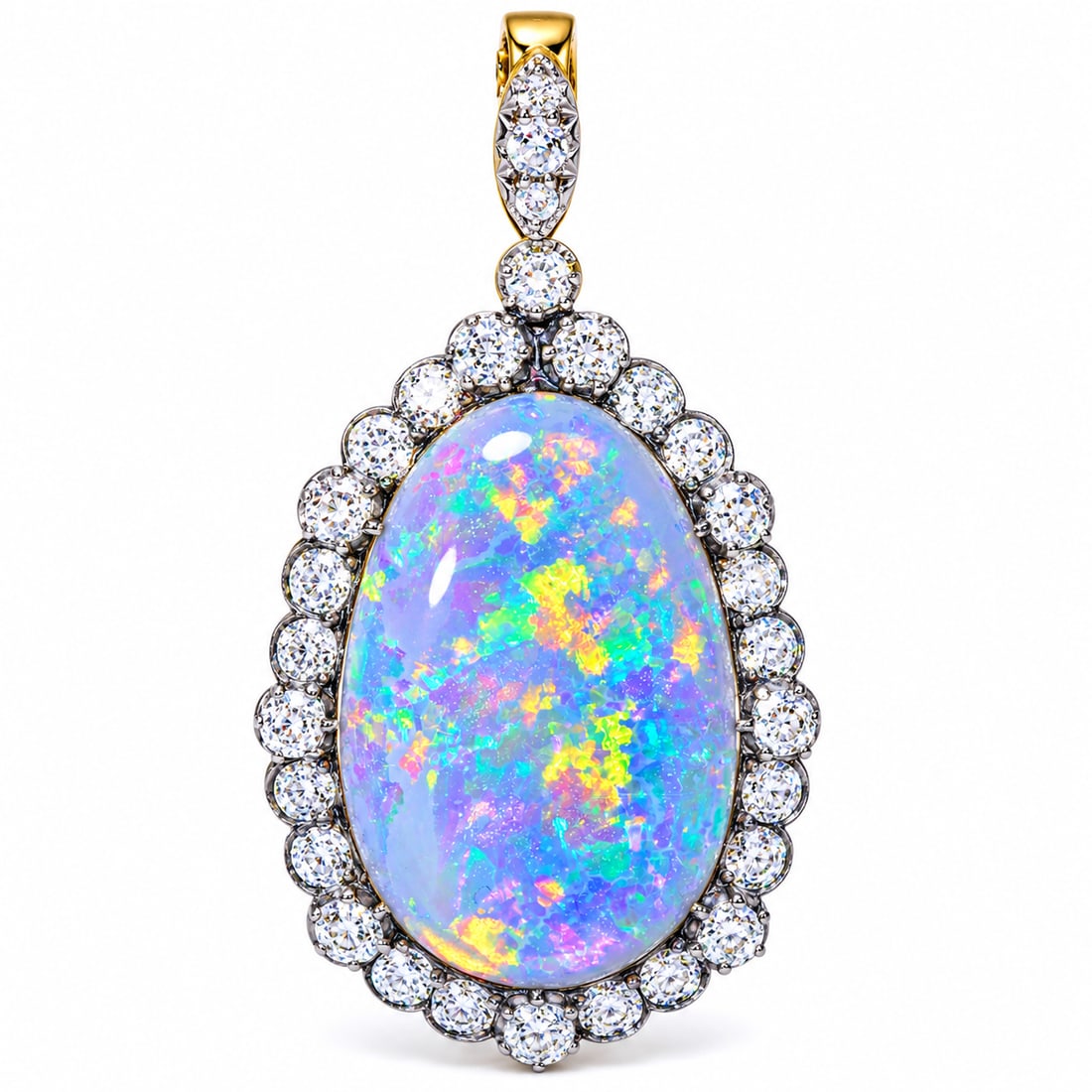 FANTASTIC ANTIQUE BLACK OPAL AND DIAMOND PENDANT: FANTASTIC ANTIQUE BLACK OPAL AND DIAMOND PENDANT,8,5 grams, testing high carat gold and silver.Fantastic large black opal of approx. 16 ct. with great play of colour.Bright and lively old cut