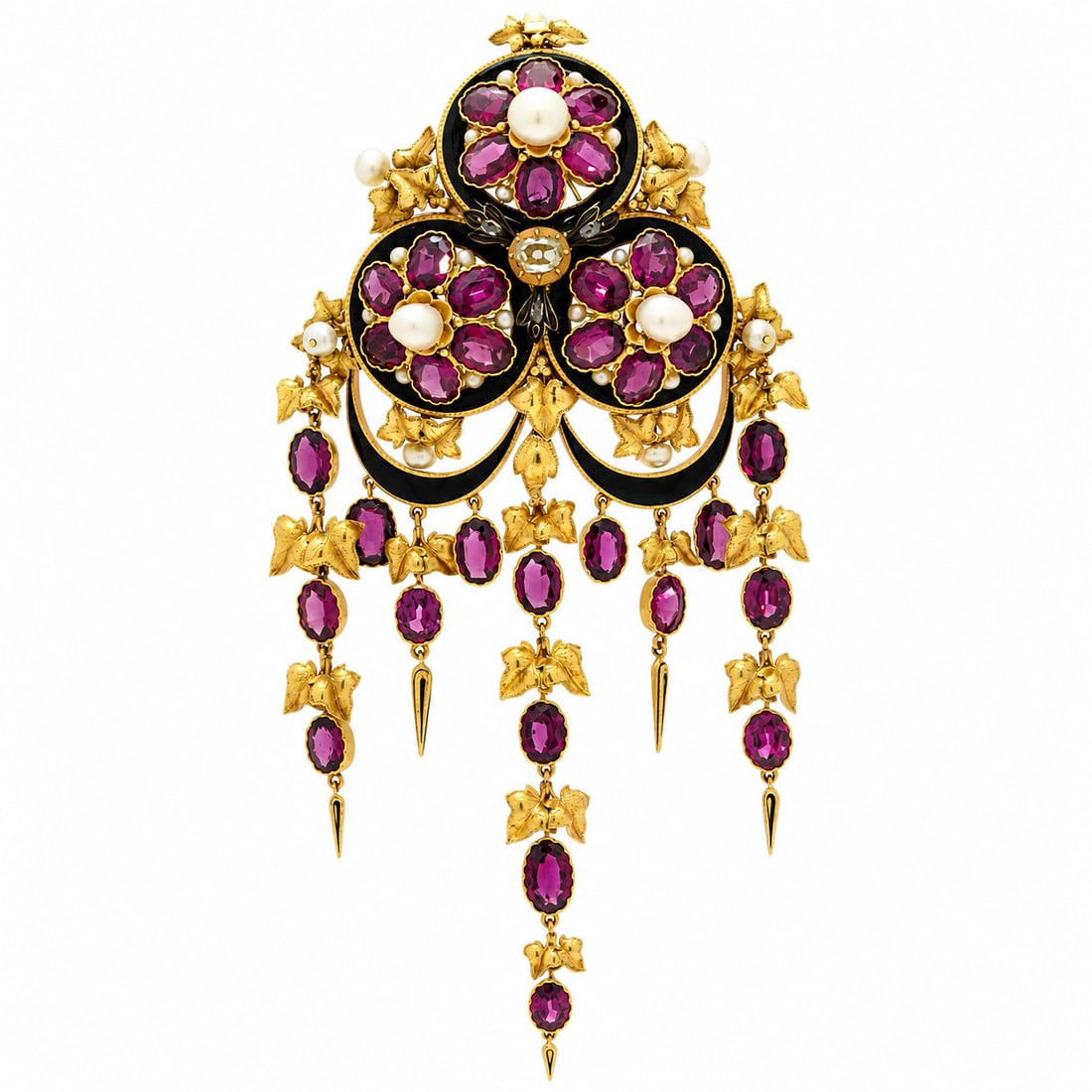 MAGNIFICENT VICTORIAN GARNET, NATURAL SALTWATER PEARLS AND DIAMOND BROOCH PENDANT: MAGNIFICENT VICTORIAN GARNET, NATURAL SALTWATER PEARLS AND DIAMOND BROOCH PENDANT 46.2 grams high carat gold vibrant garnets, lively diamonds matching pearls fine craftsmanship enamel in great