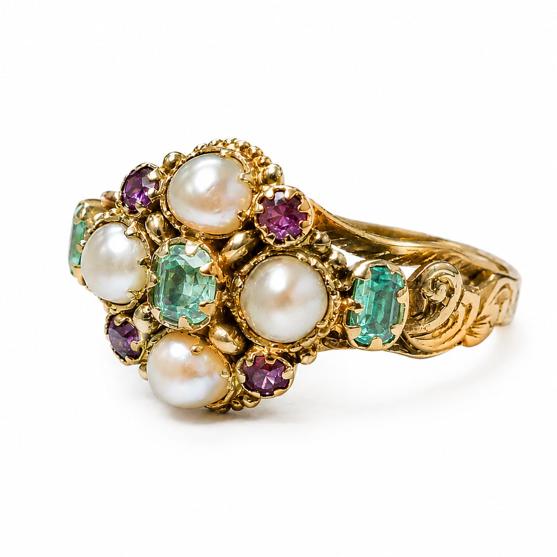 VICTORIAN EMERALD, RUBY AND PEARL CLUSTER RING: VICTORIAN EMERALD, RUBY AND PEARL CLUSTER RING,testing high carat gold.Vibrant emerald and rubies.Pearls generally well matched.Locket back.Size L.