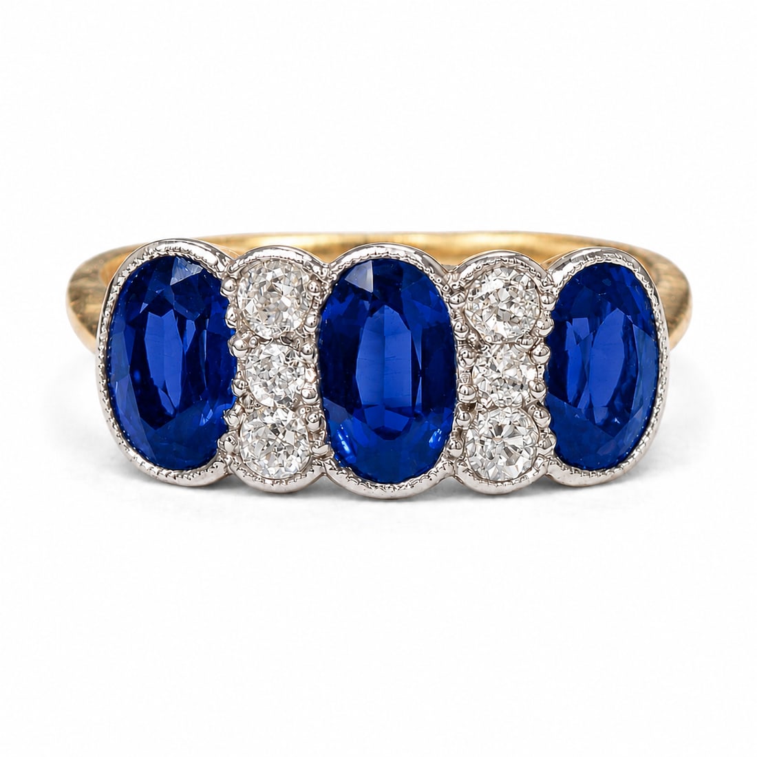 SAPPHIRE AND DIAMOND 3-STONE RING: SAPPHIRE AND DIAMOND 3-STONE RING,Rich and vibrant sapphires, totalling approx. 1.20 ct.Diamonds bright and lively.Size L 1//2