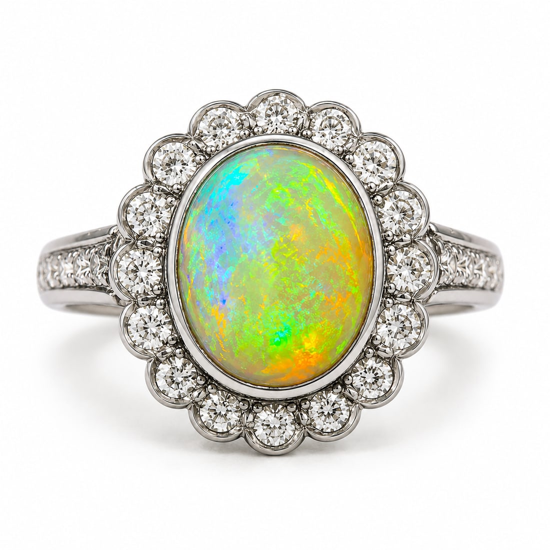 OPAL AND DIAMOND CLUSTER RING: OPAL AND DIAMOND CLUSTER RING,4,1 grams, testnig platinum.Rich and vibrant opal of approx. 1.95 ct.Diamonds bright and lively.Size L.