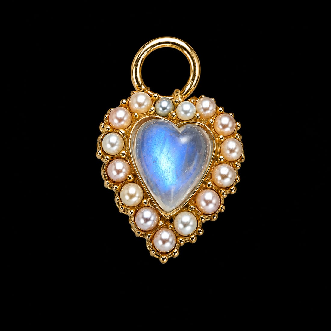 SWEET PEARL AND MOONSTONE HEART PENDANT: SWEET PEARL AND MOONSTONE HEART PENDANT,testing 15 ct. gold.Lovely monstones with nice blue shiller.Lovely pearls.L. 1.8 cm.