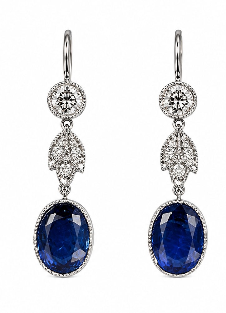 PAIR OF SAPPHIRE AND DIAMOND DROP EARRINGS: PAIR OF SAPPHIRE AND DIAMOND DROP EARRINGS,testing 18 ct. gold.Bright and lively diamonds.Rich and vibrant sapphires.L. 2.3 cm.