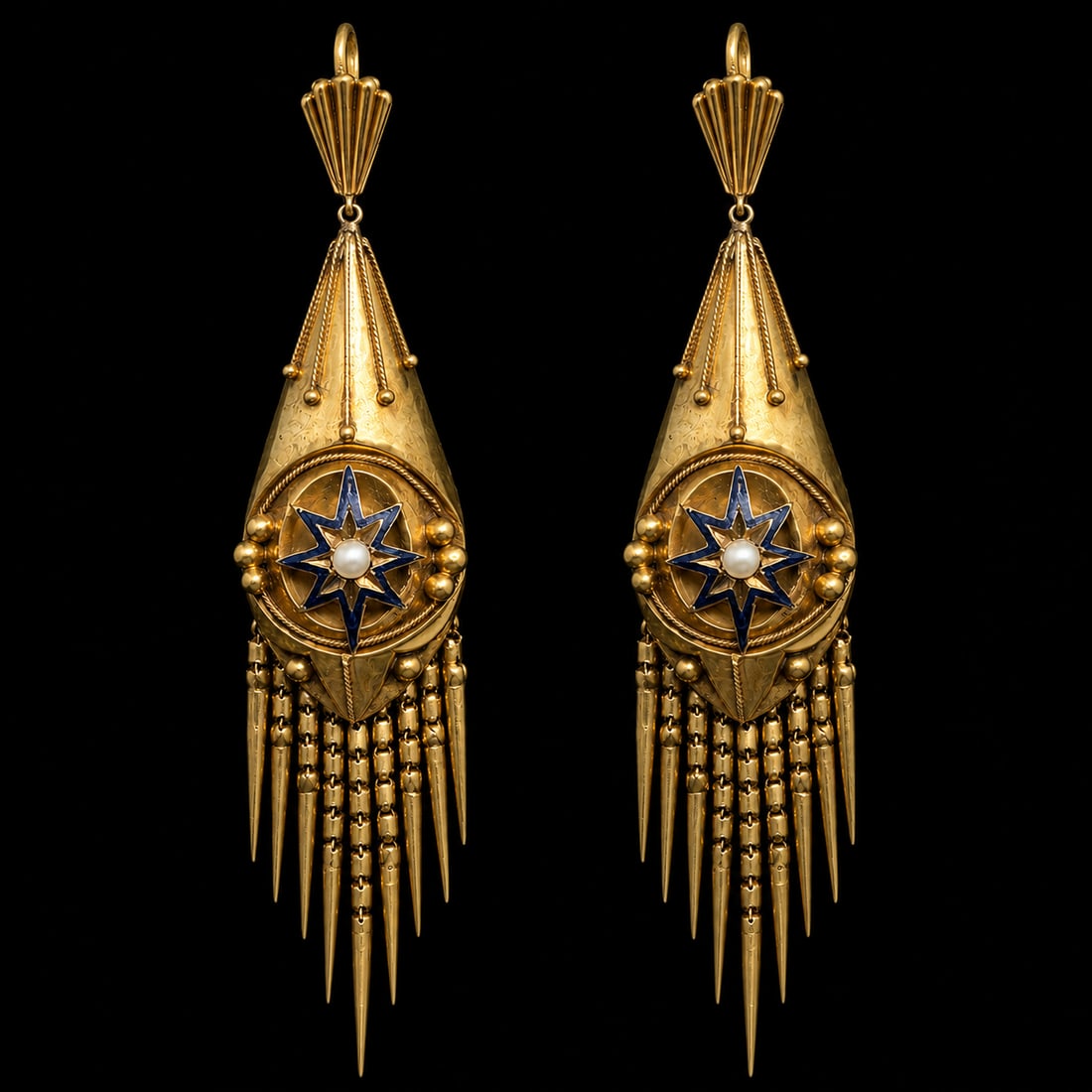 PAIR OF VICTORIAN ENAMEL AND PEARL TASSEL EARRINGS: PAIR OF VICTORIAN ENAMEL AND PEARL TASSEL EARRINGS,5,6 grams, testing 15 ct. gold.Lovely tassel drop.L, 6.1 cm.