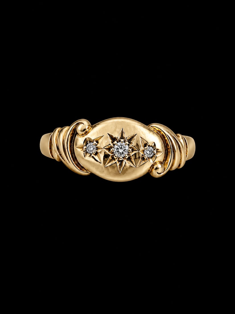 ANTIQUE DIAMOND GYPSY RING: ANTIQUE DIAMOND GYPSY RING,3,2 grams, 18 ct. gold.Bright and lively diamonds.Size R.