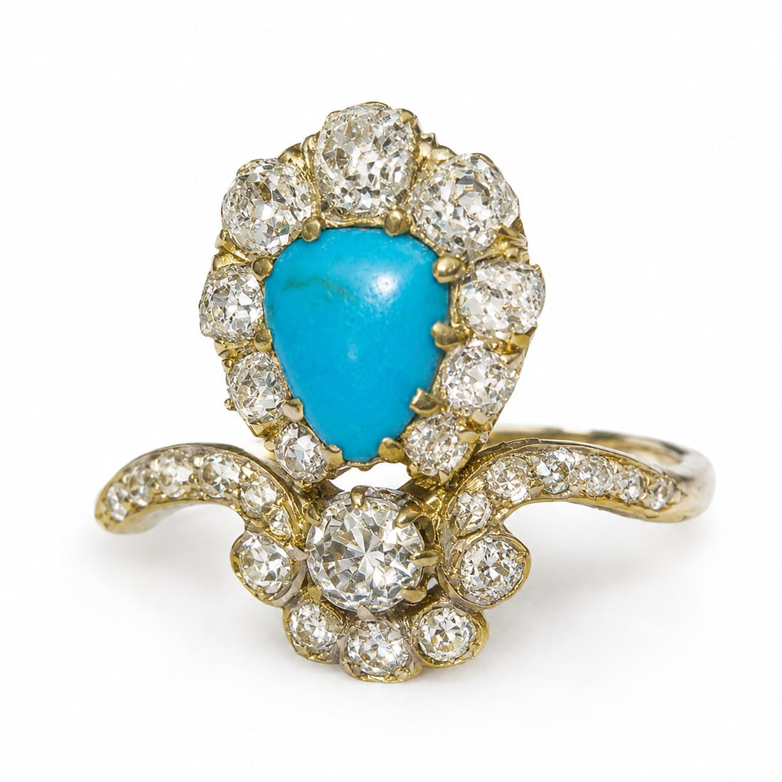 ANTIQUE TURQUOISE AND DIAMOND CLUSTER RING: ANTIQUE TURQUOISE AND DIAMOND CLUSTER RING,3.4 grams, testing 18 ct. gold.Rich and vibrant turquoise.Diamonds bright and lively.Size N 1/2.
