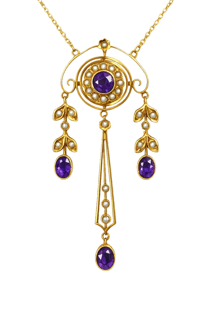 EDWARDIAN AMETHYST AND PEARL GOLD PENDANT NECKLACE: EDWARDIAN AMETHYST AND PEARL GOLD PENDANT NECKLACE,4,6 grams.Articulated drops.L. pendant 5.5 cm.