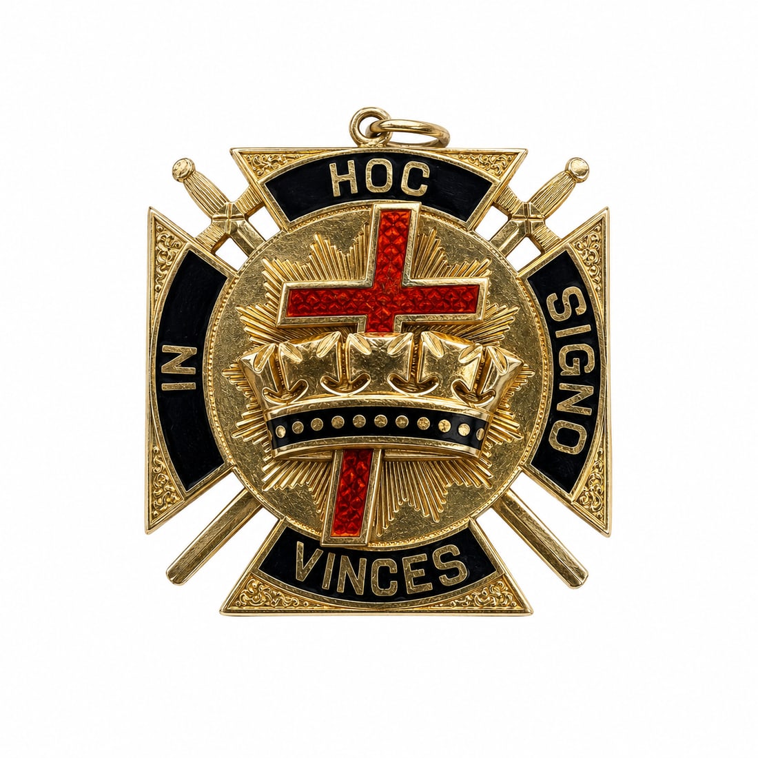 DOUBLE SIDED ENAMEL PENDANT: DOUBLE SIDED ENAMEL PENDANT,6.8 grams, testing 18 ct. gold.With text: In Hoc Signo Vinces.L. 2.8 cm.