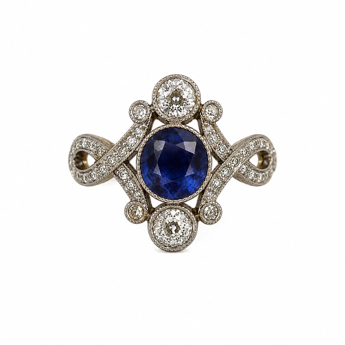 SAPPHIRE AND DIAMOND RING: SAPPHIRE AND DIAMOND RING,4 grams, 18 ct. gold.Rich and vibrant sapphire of approx. 1.28 ct.Diamonds bright and lively.Size O.